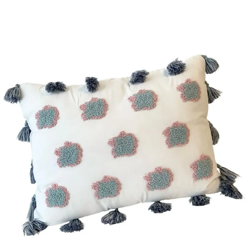 Small Decorative Rectangle Throw Pillow with Clouds and Pompoms